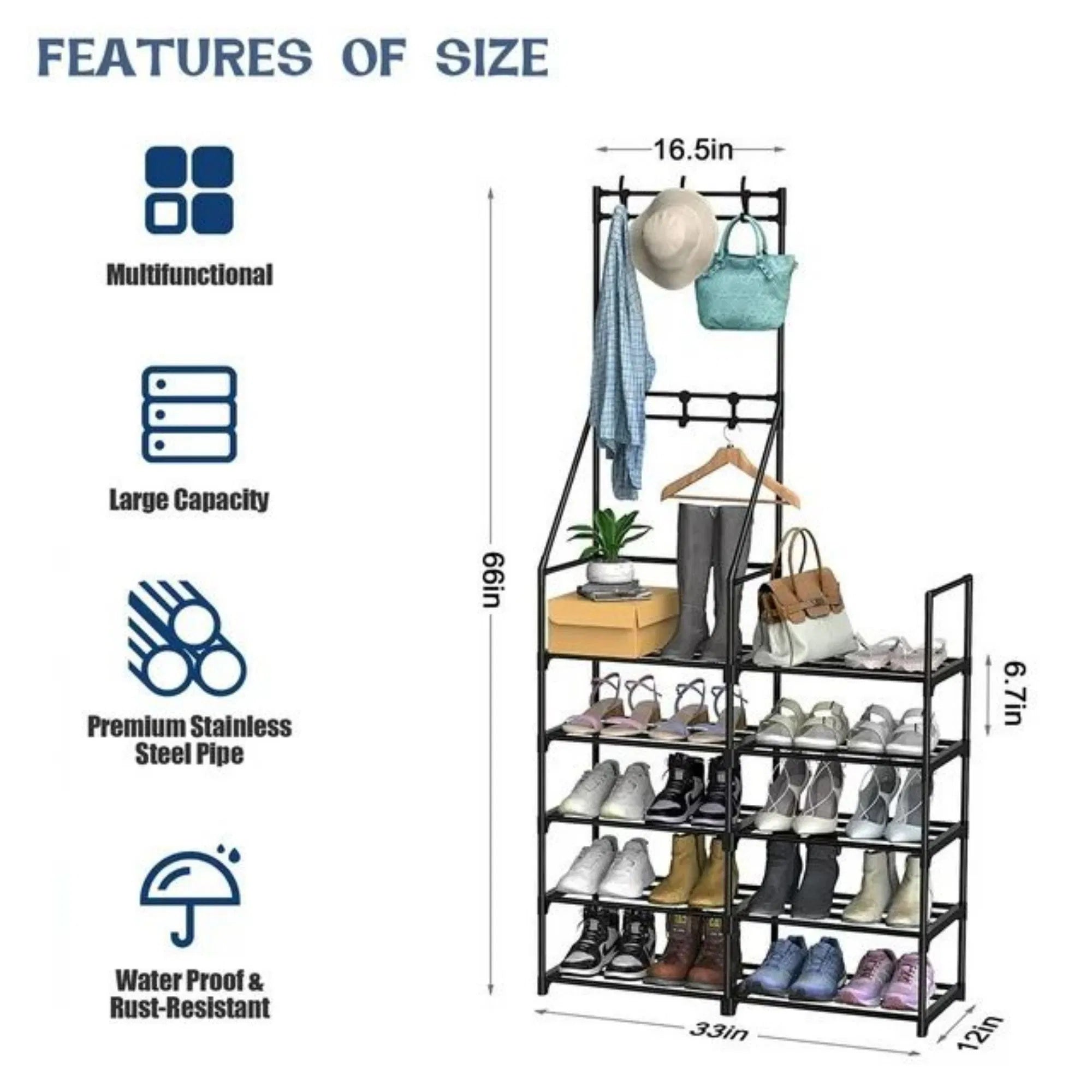 Multifunctional shoe rack with dimensions and features listed on a white background