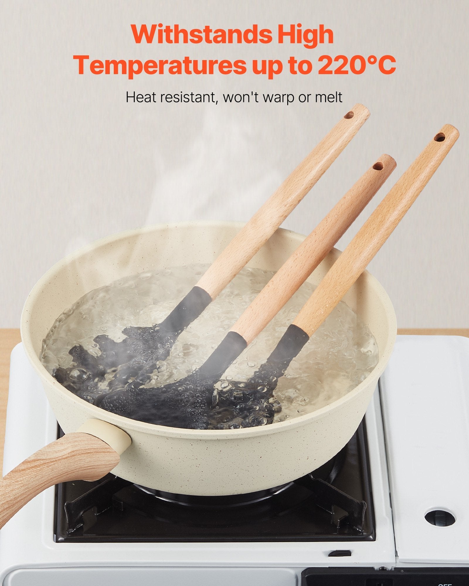 Pots and spatulas on a stove with text about heat resistance.