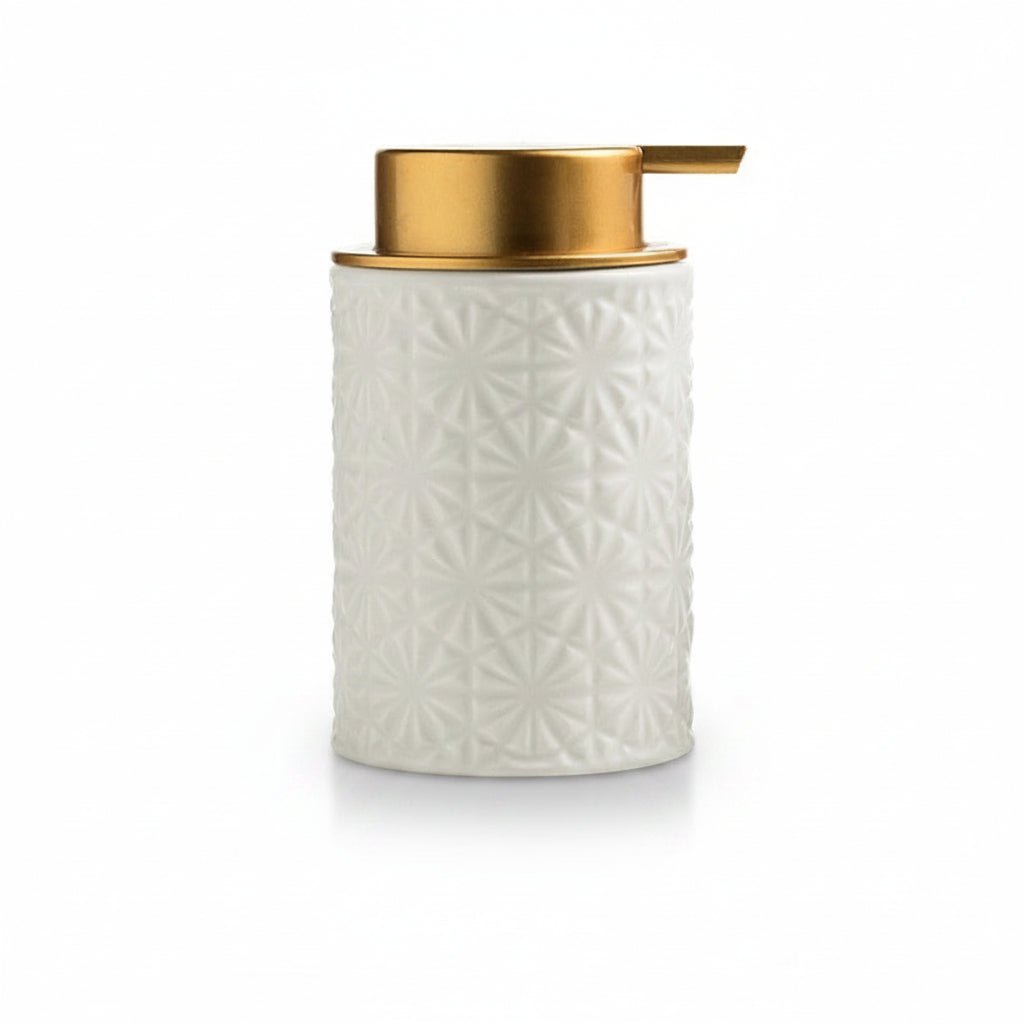 White embossed lotion bottle with gold pump, showing dimensions and weight on a white background.