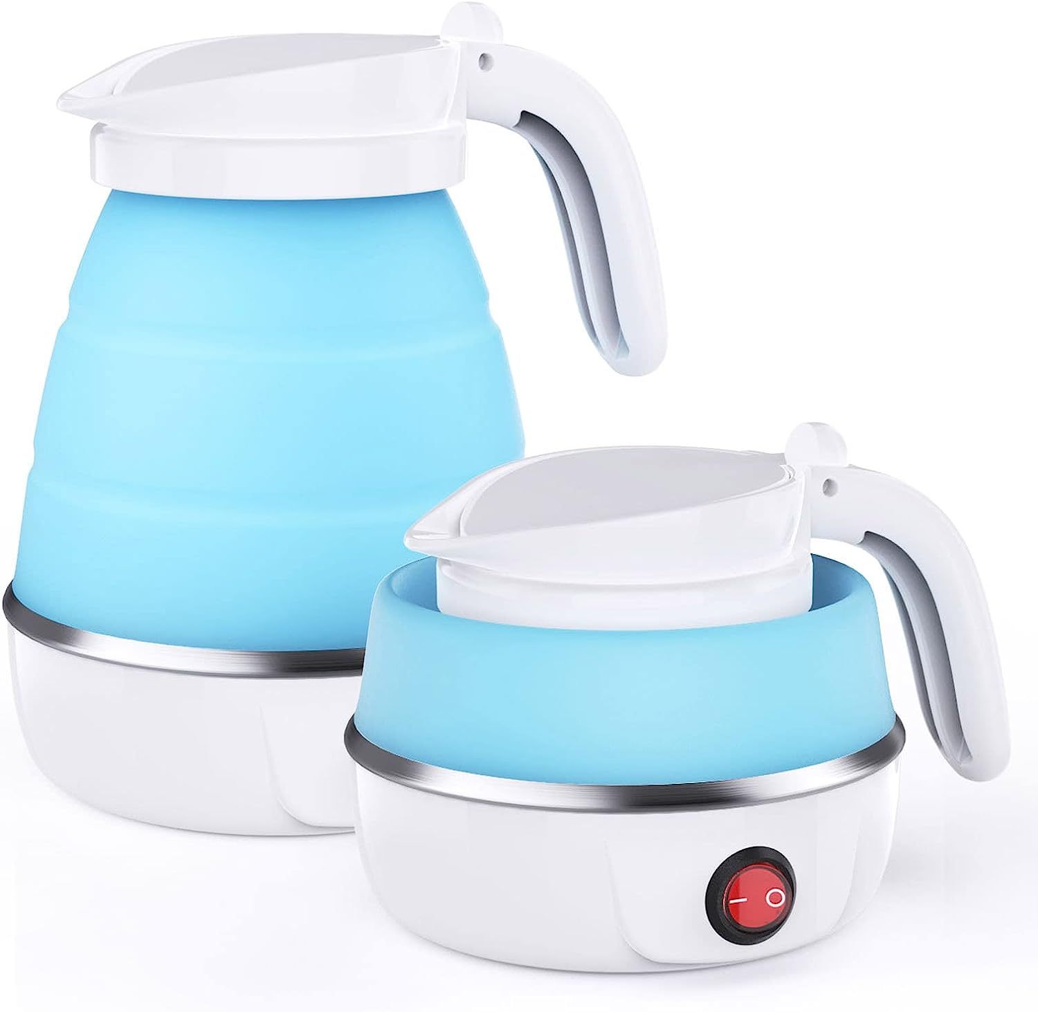 Foldable silicone electric water boiler in blue, compact design, ideal for camping and travel.