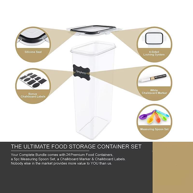 Clear food storage container with features highlighted on a beige background