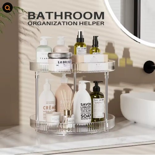 Bathroom organization helper with toiletries on a marble countertop.