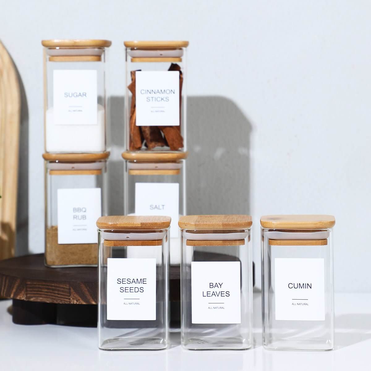 12 Pcs Square Spice Jars With Stickers, - TableFab