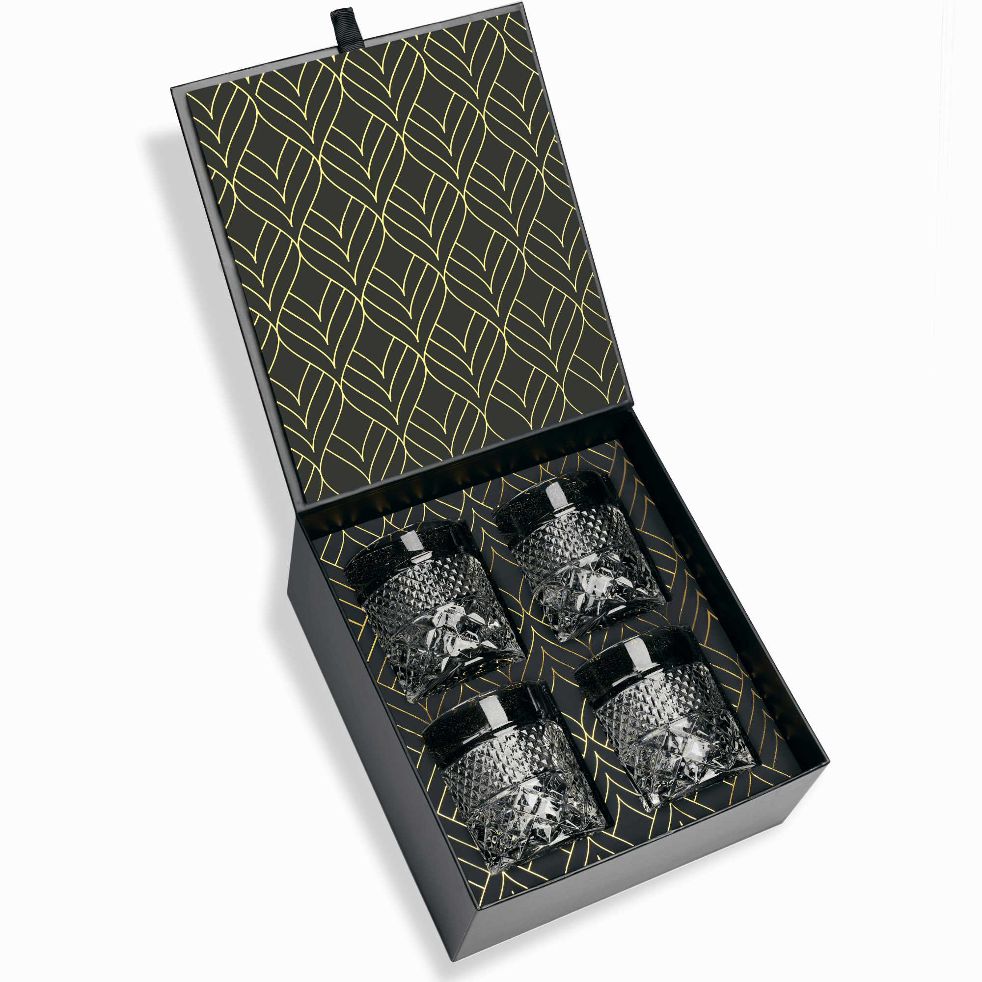 Set of four glass jars with decorative lids in a black and gold patterned box.