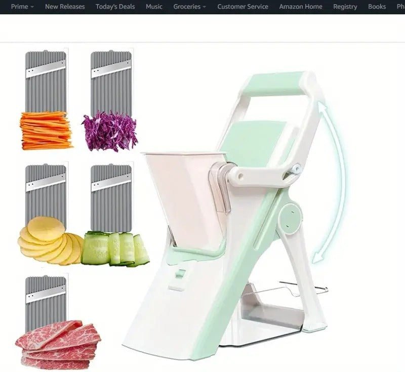 Multifunctional Mushroom Slicer 5-in-1 with container and multiple blades for slicing vegetables and fruits.