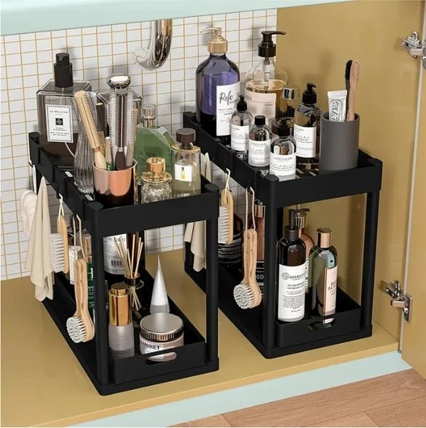 Black shelves with various bathroom products in a bathroom setting