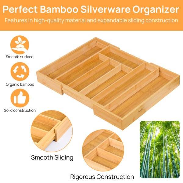 Features of the premium bamboo drawer organizer, highlighting the smooth sanding and natural material