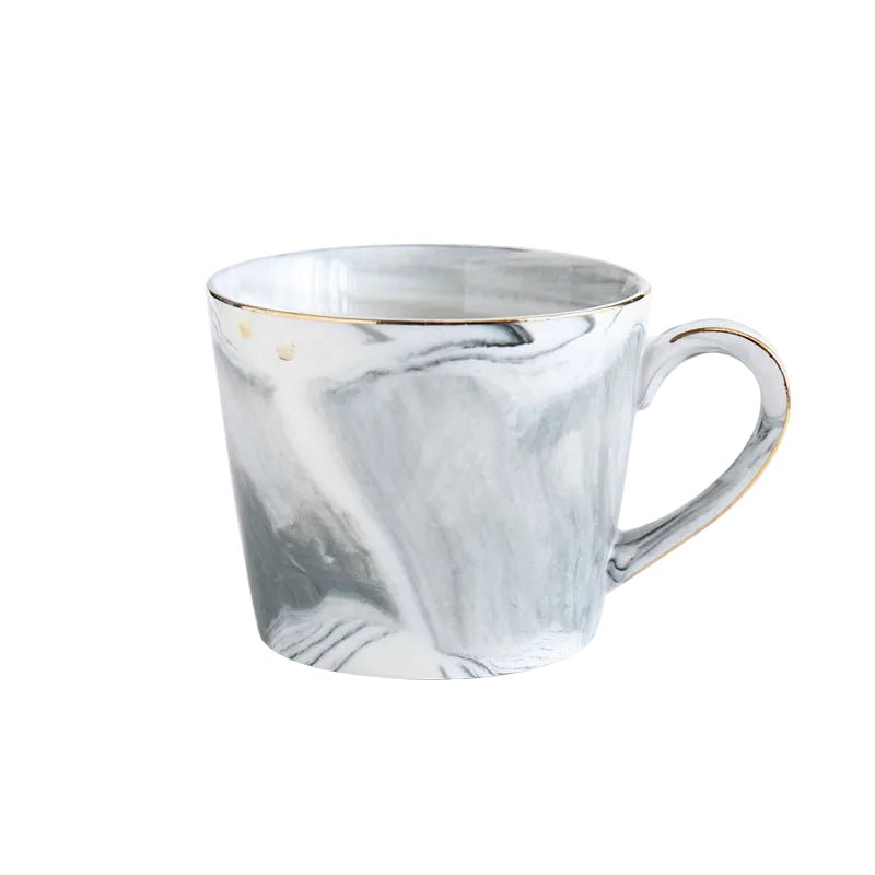 A white and gray marbled ceramic mug with a thin gold rim, shown with dimension lines indicating 10cm width, 8cm height, and a 360ml volume on a white background.