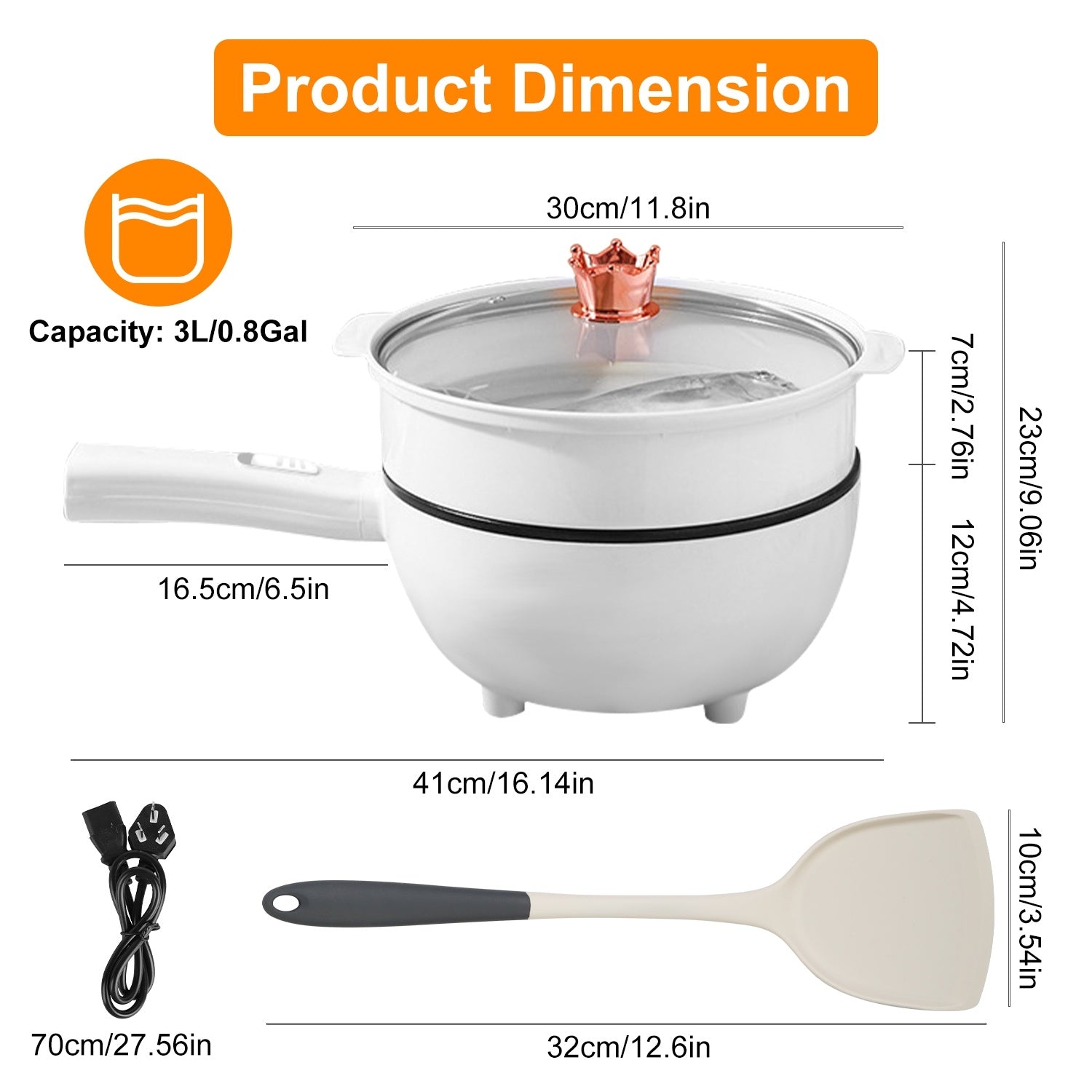 Product dimensions of a white electric pot with a lid, power cord, and spatula on a white background.