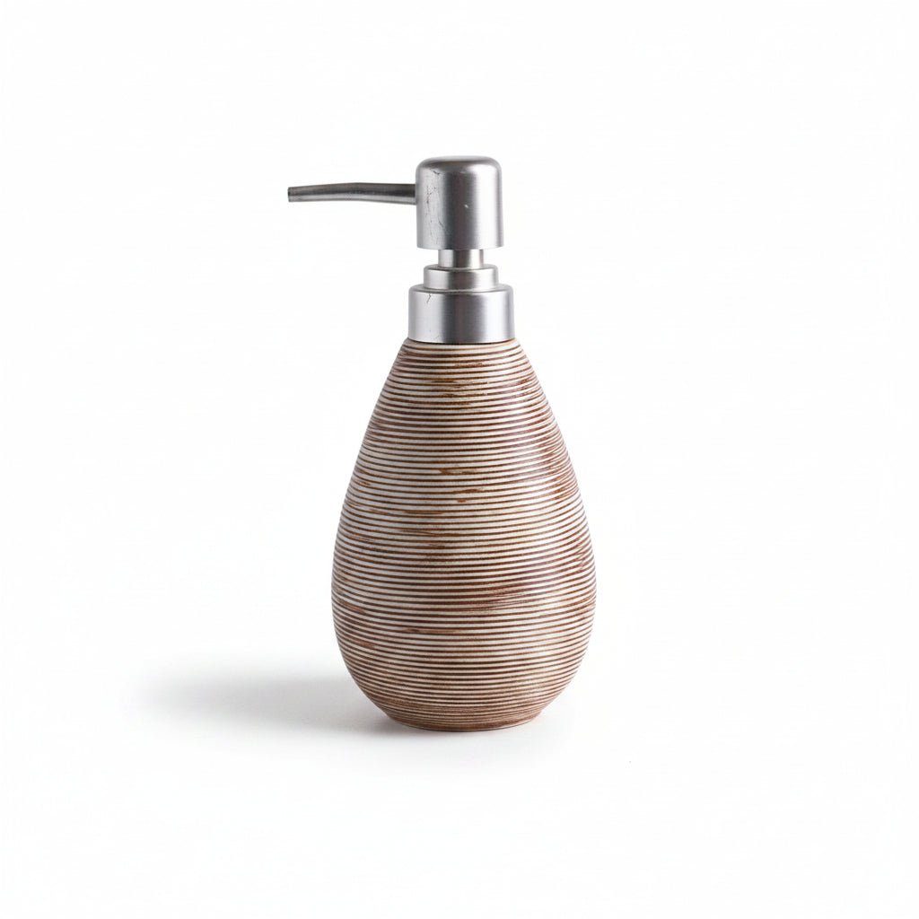 Decorative soap dispenser with measurements on a white background