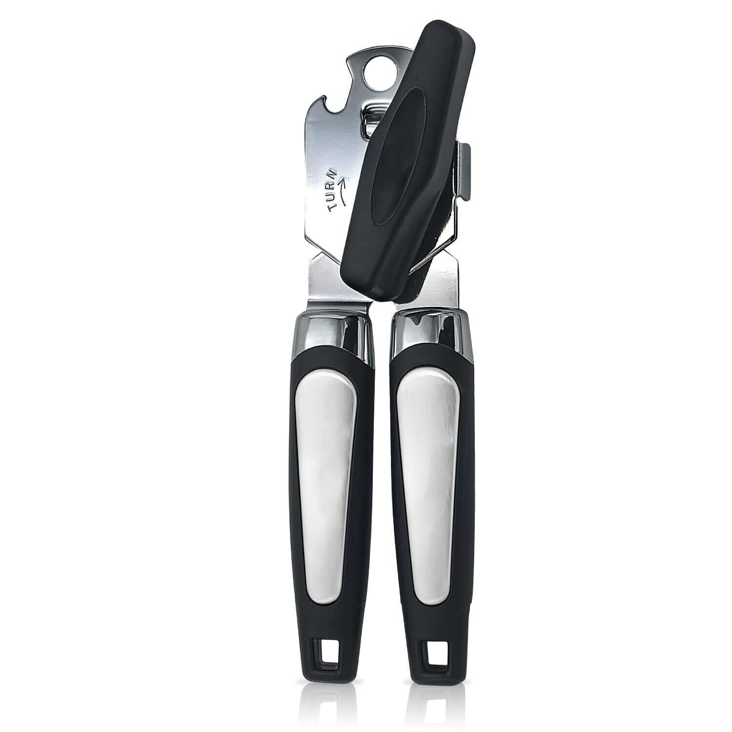 Manual handheld can opener with stainless steel cutting wheel and anti-slip grip.