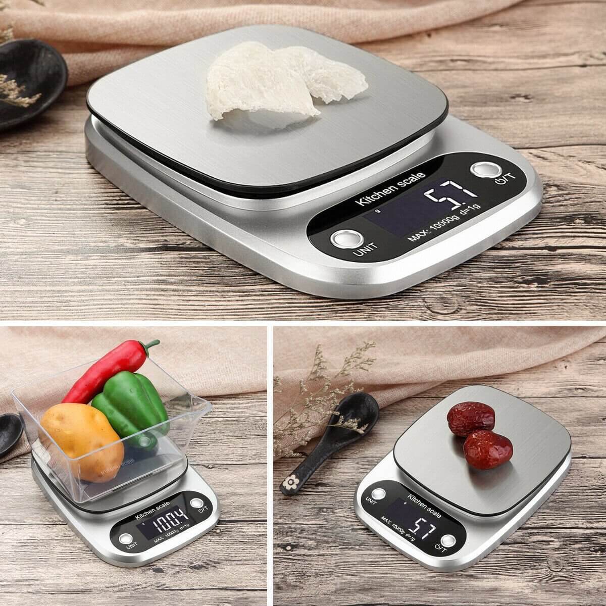 Digital multifunction kitchen scale with LCD display, stainless steel surface, and multiple unit options.