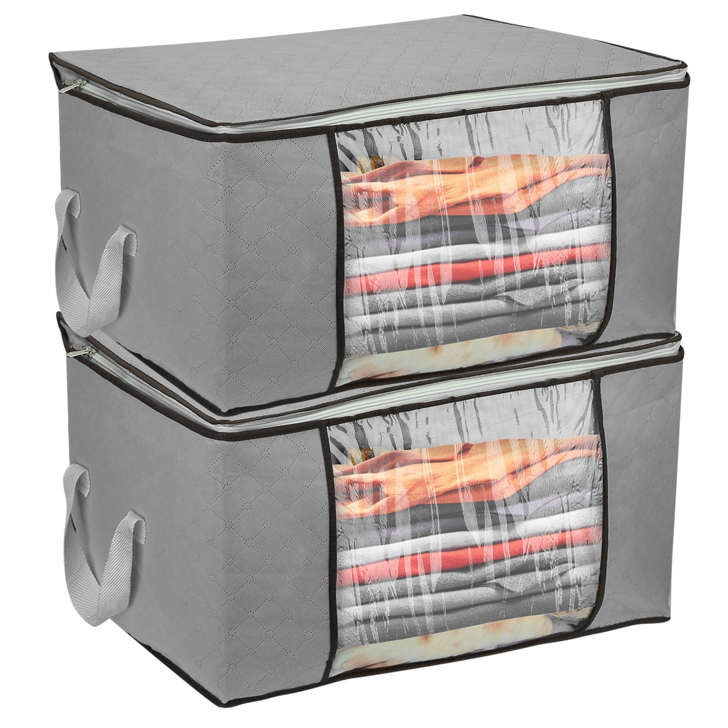 Stack of gray storage bags with transparent panels showing folded clothes inside on a white background