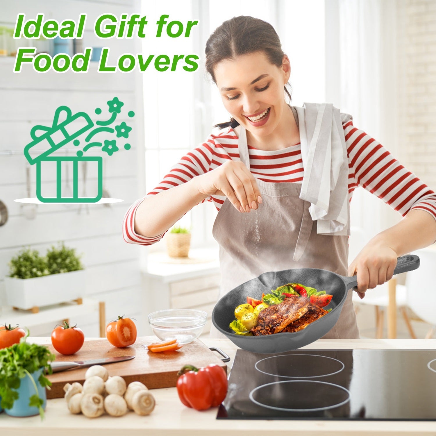 Woman cooking in a kitchen with vegetables and a pan, labeled 'Ideal Gift for Food Lovers'.