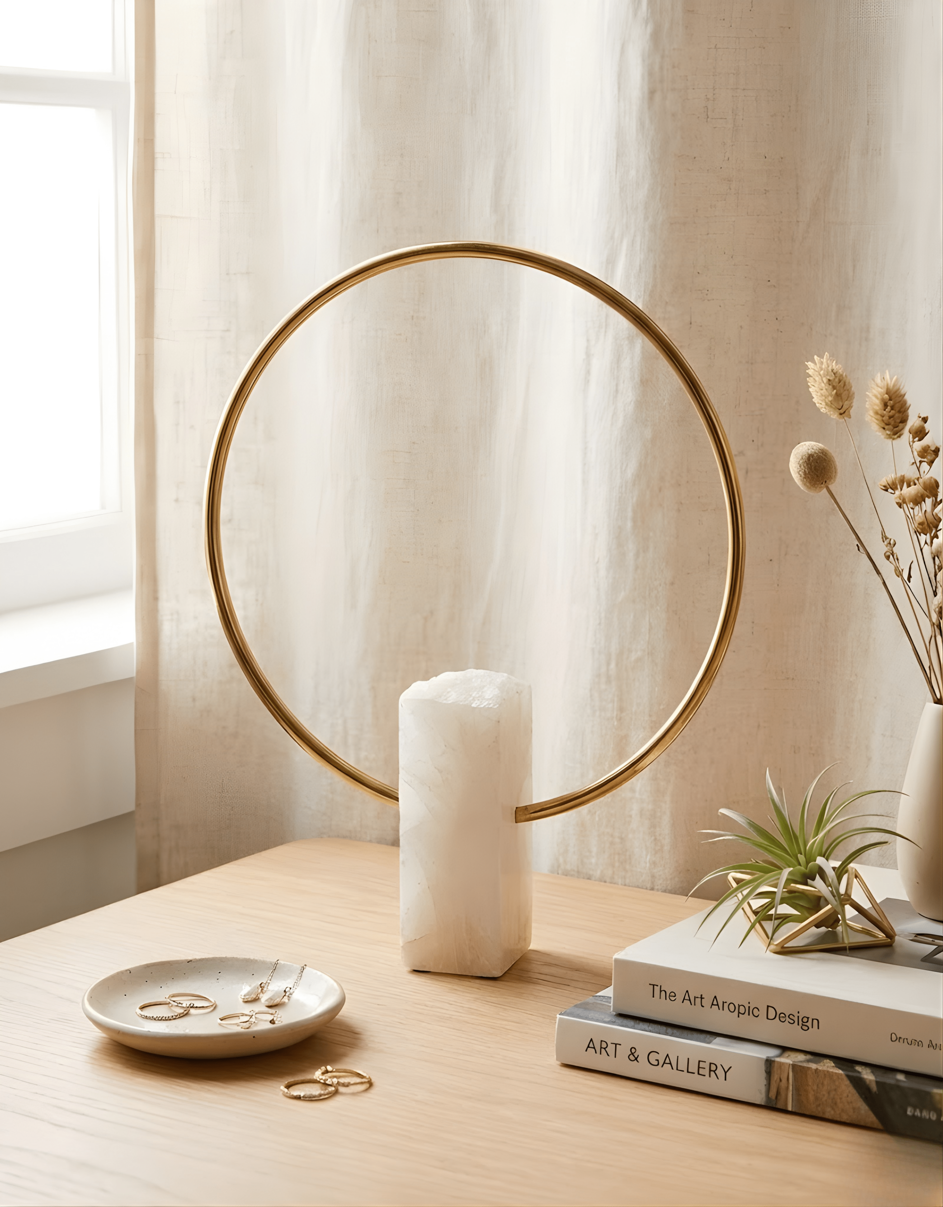 Contemporary Brass Ring Sculpture with Marble Base - Modern Art Decor