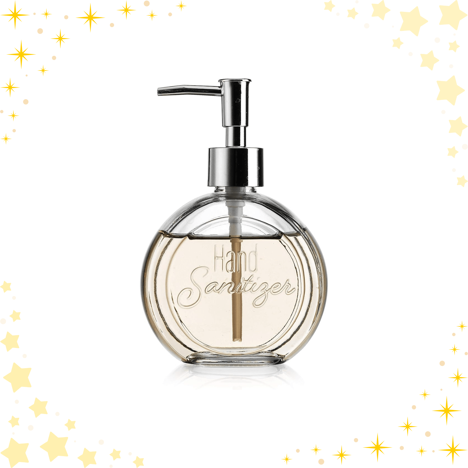 Clear glass hand sanitizer dispenser holder bottle with embossed design and acrylic pump.