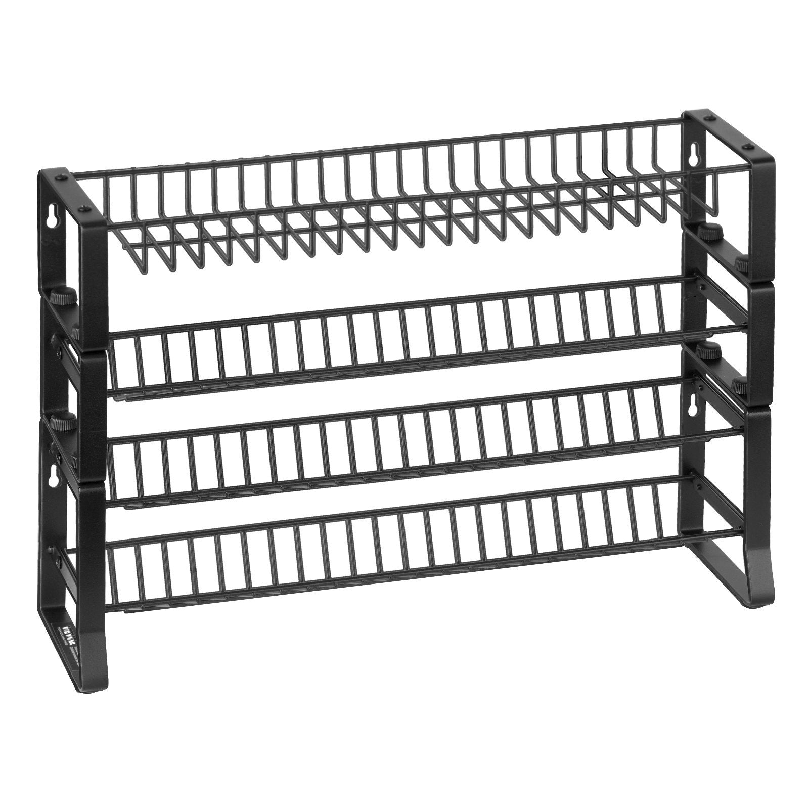 Black metal dish rack with three tiers on a white background