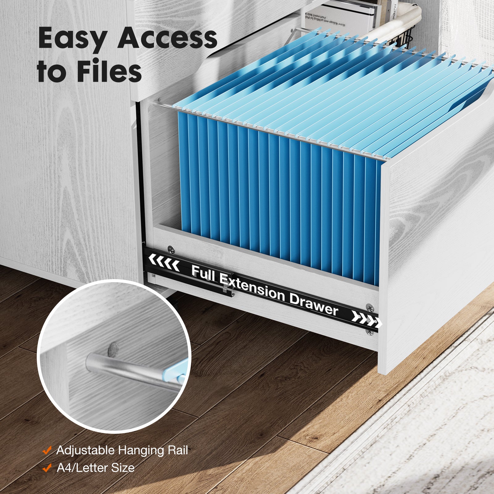File cabinet with blue hanging files and text 'Easy Access to Files'.