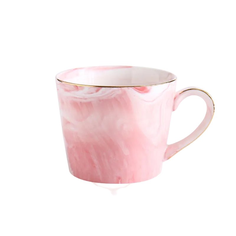 Pink and white marbled ceramic mug with a gold rim, shown with dimension lines indicating 10cm width, 8cm height, and 360ml capacity on a white background.