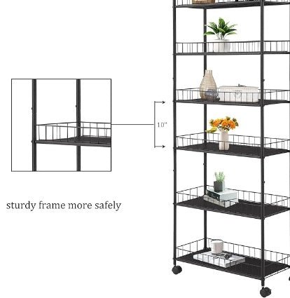 Black metal bookshelf with multiple shelves, decorative items, and a close-up of the sturdy frame.