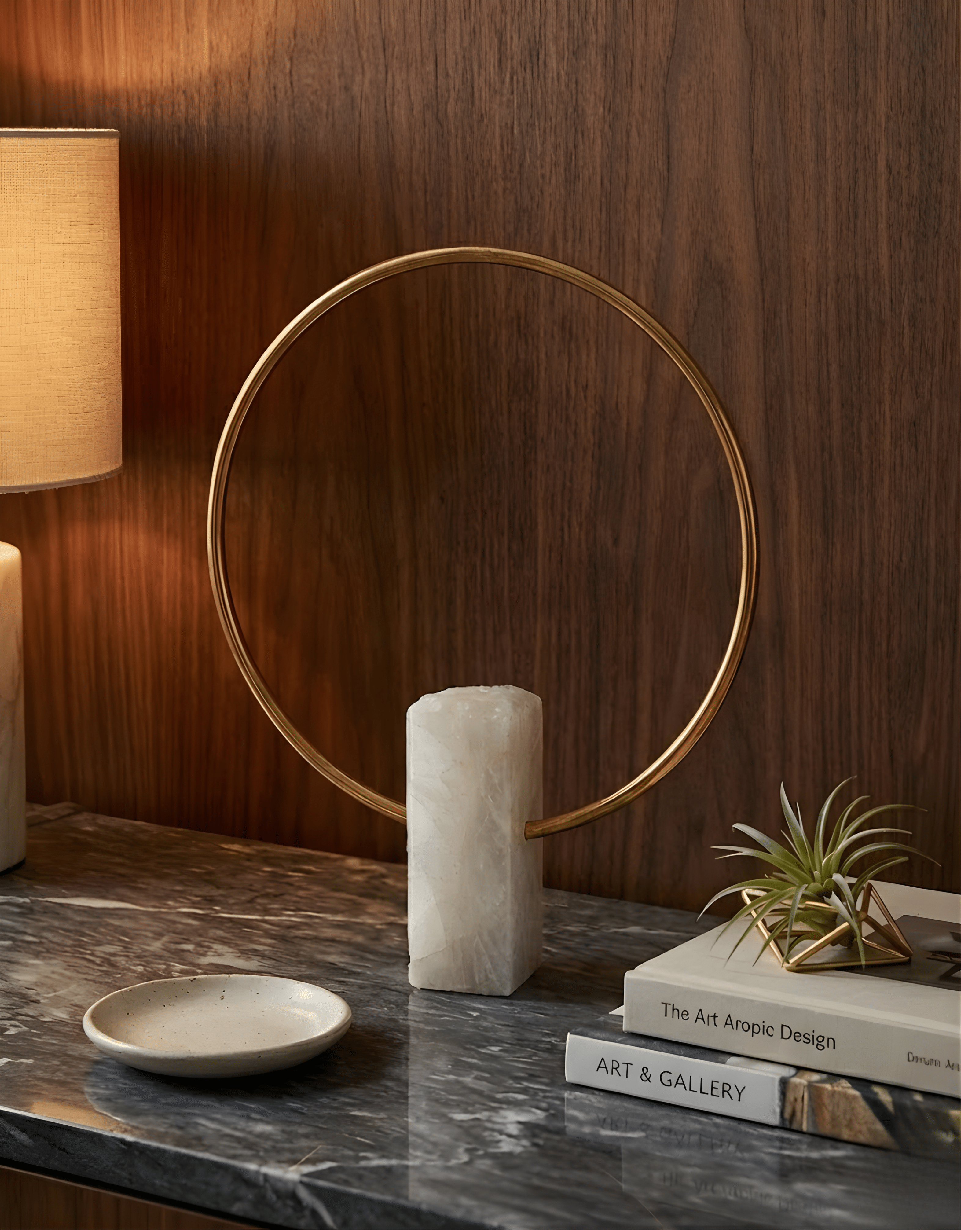 Contemporary Brass Ring Sculpture with Marble Base - Modern Art Decor