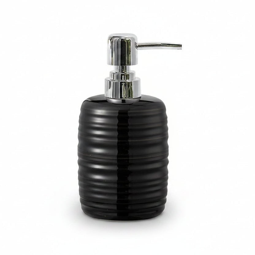 A glossy black ribbed cylindrical dispenser bottle with a polished silver chrome pump, shown against a solid white background.