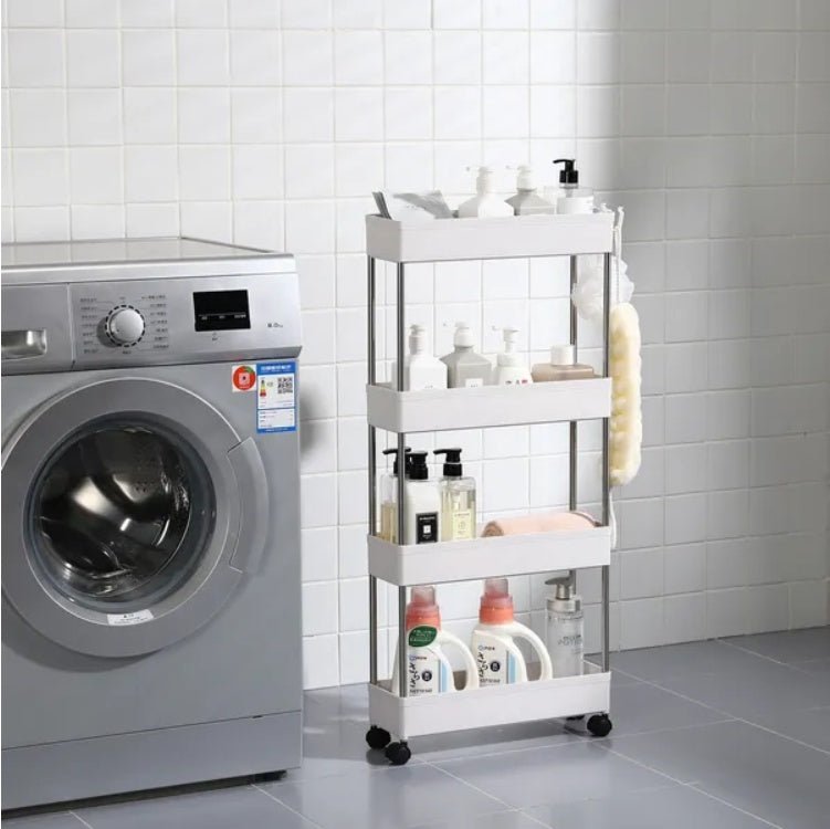 White storage cart with cleaning supplies next to a washing machine in a tiled room.
