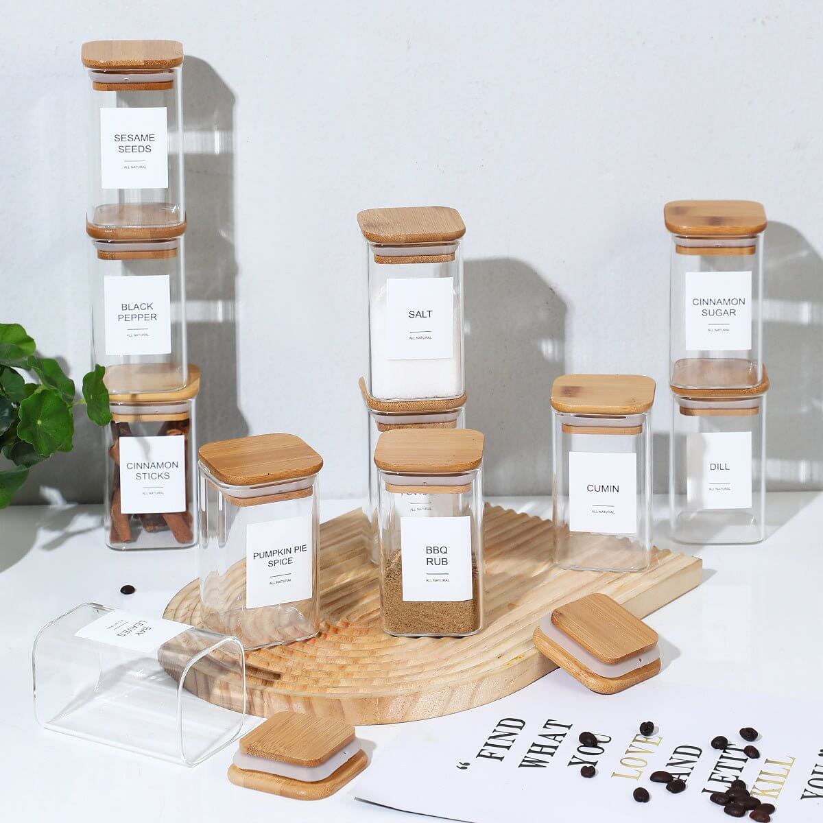 12 Pcs Square Spice Jars With Stickers, - TableFab