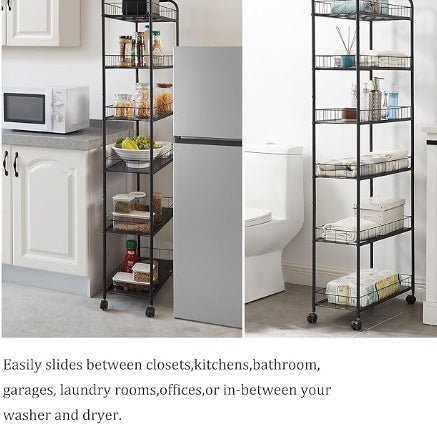Black metal storage shelves in a kitchen and bathroom setting with text describing their versatility.