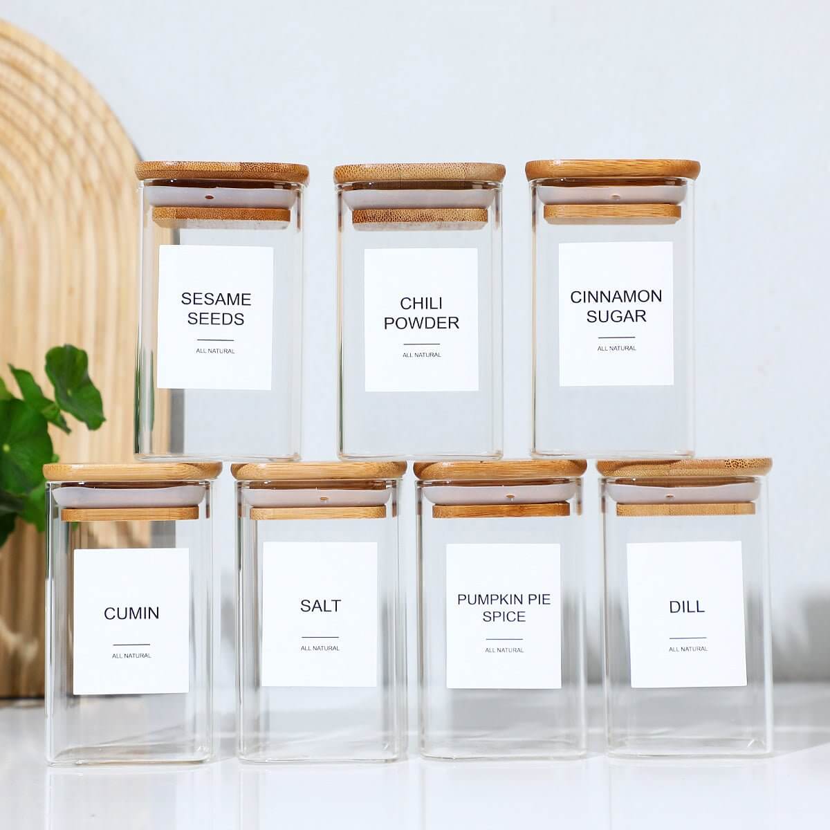 12 Pcs Square Spice Jars With Stickers, - TableFab