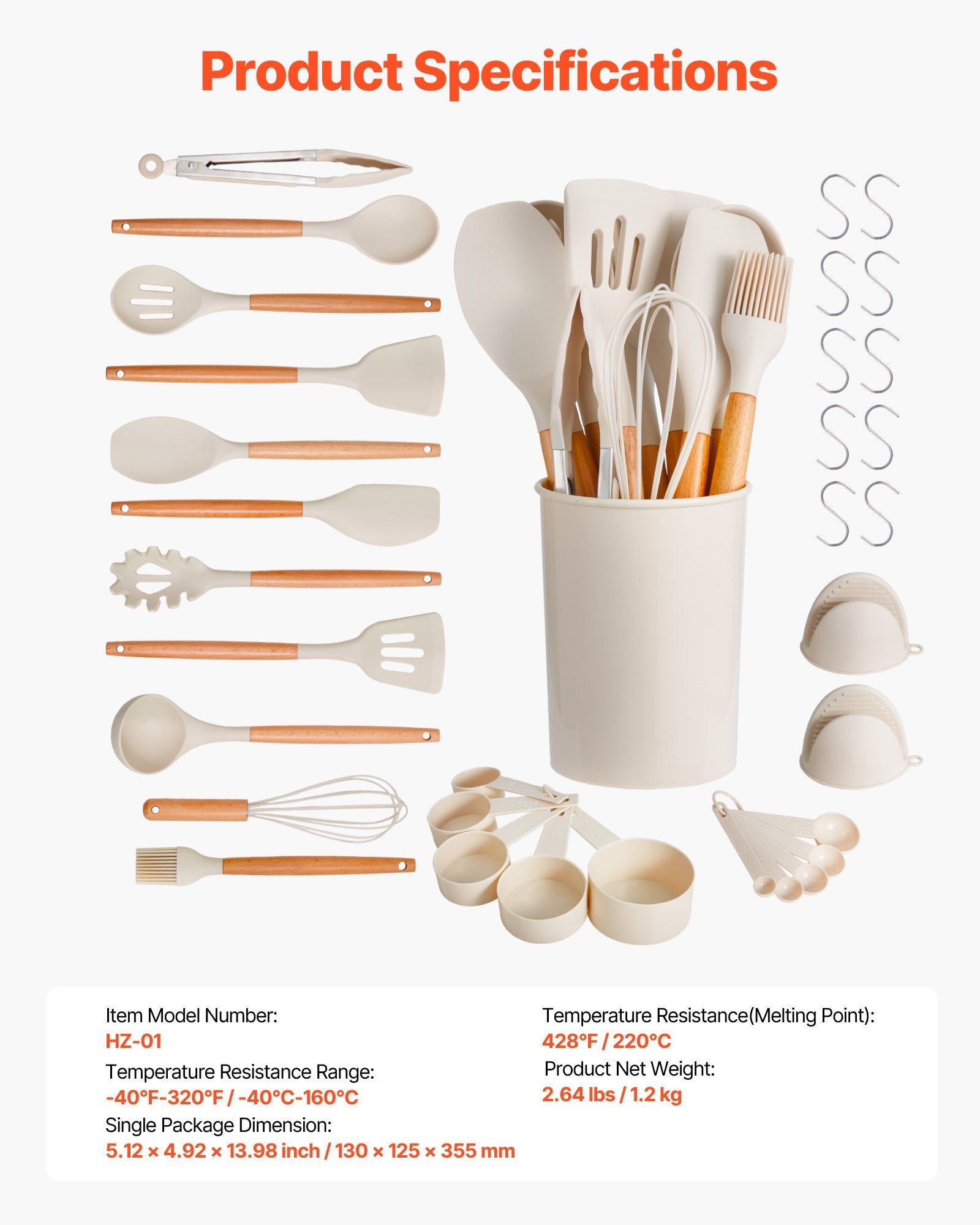 Set of kitchen utensils including spatulas, whisks, and measuring cups with product specifications on a white background.