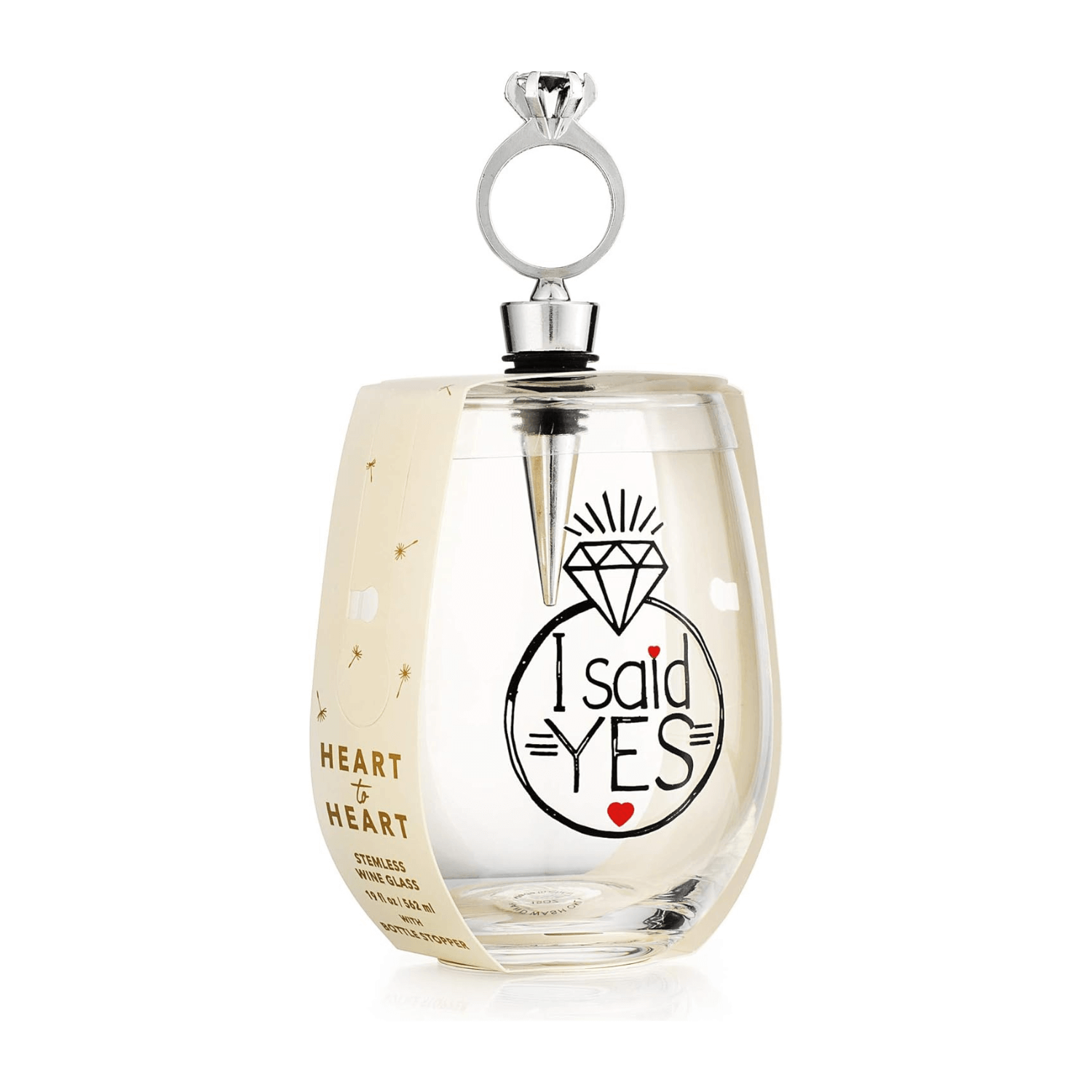 Stemless wine glass with stopper and "I Said Yes" design.