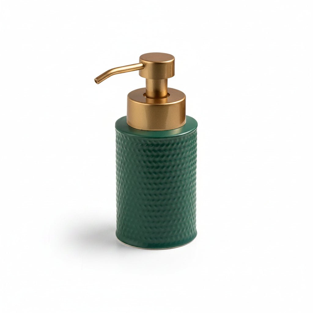 Green lotion bottle with gold pump and dimensions on a white background