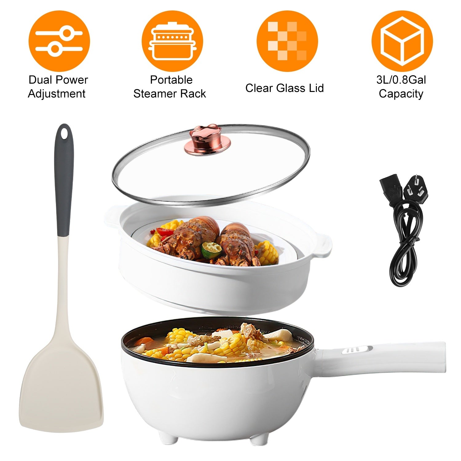 Electric pot with food, spatula, and power cord on a white background