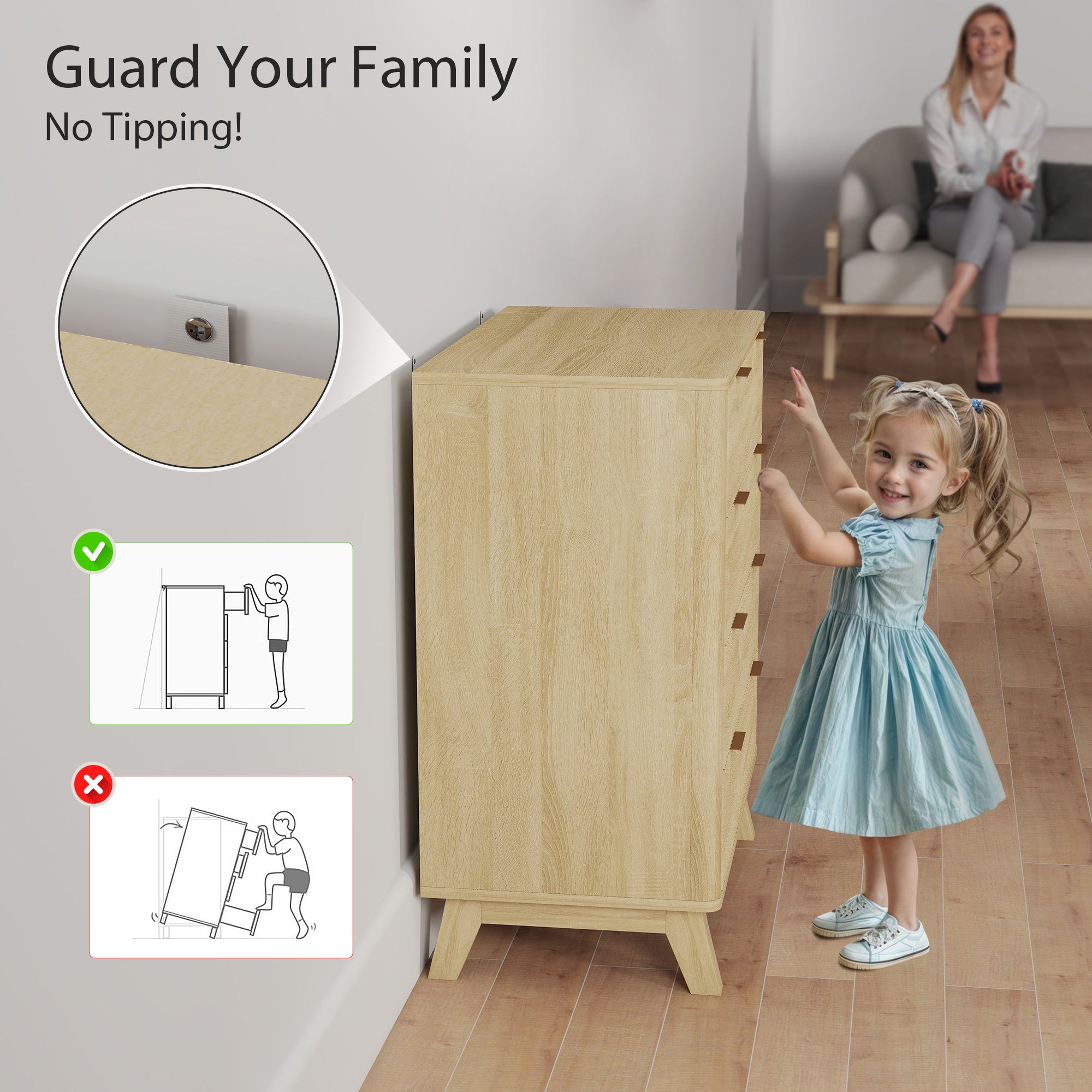Wooden cabinet with safety features to prevent tipping, child reaching for cabinet, and woman sitting on a couch.