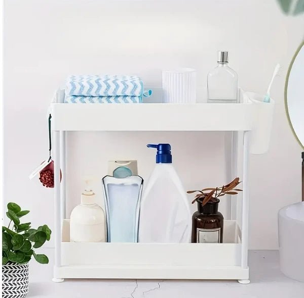 White bathroom cart with various toiletries on a light background
