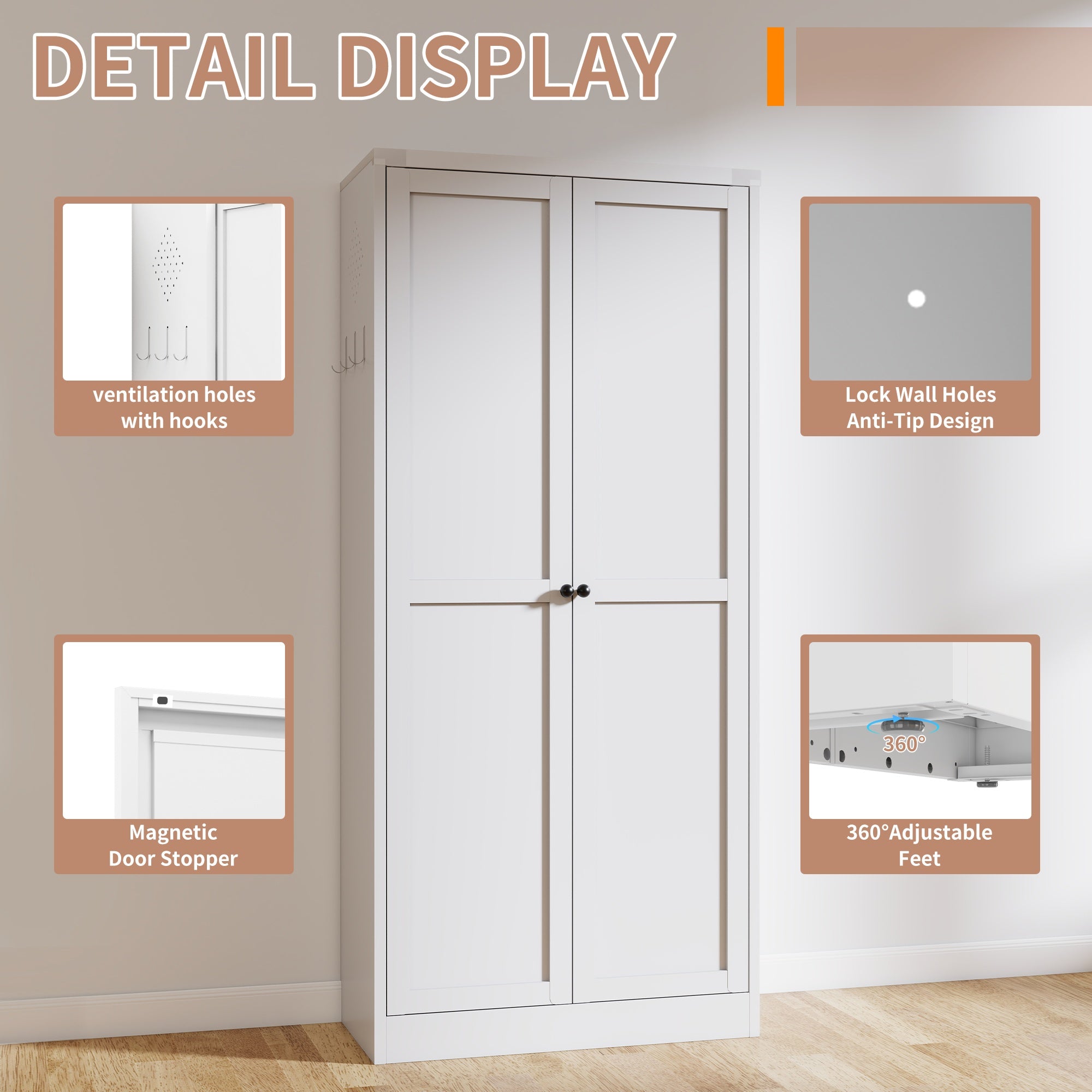 White storage cabinet with labeled features on a neutral background