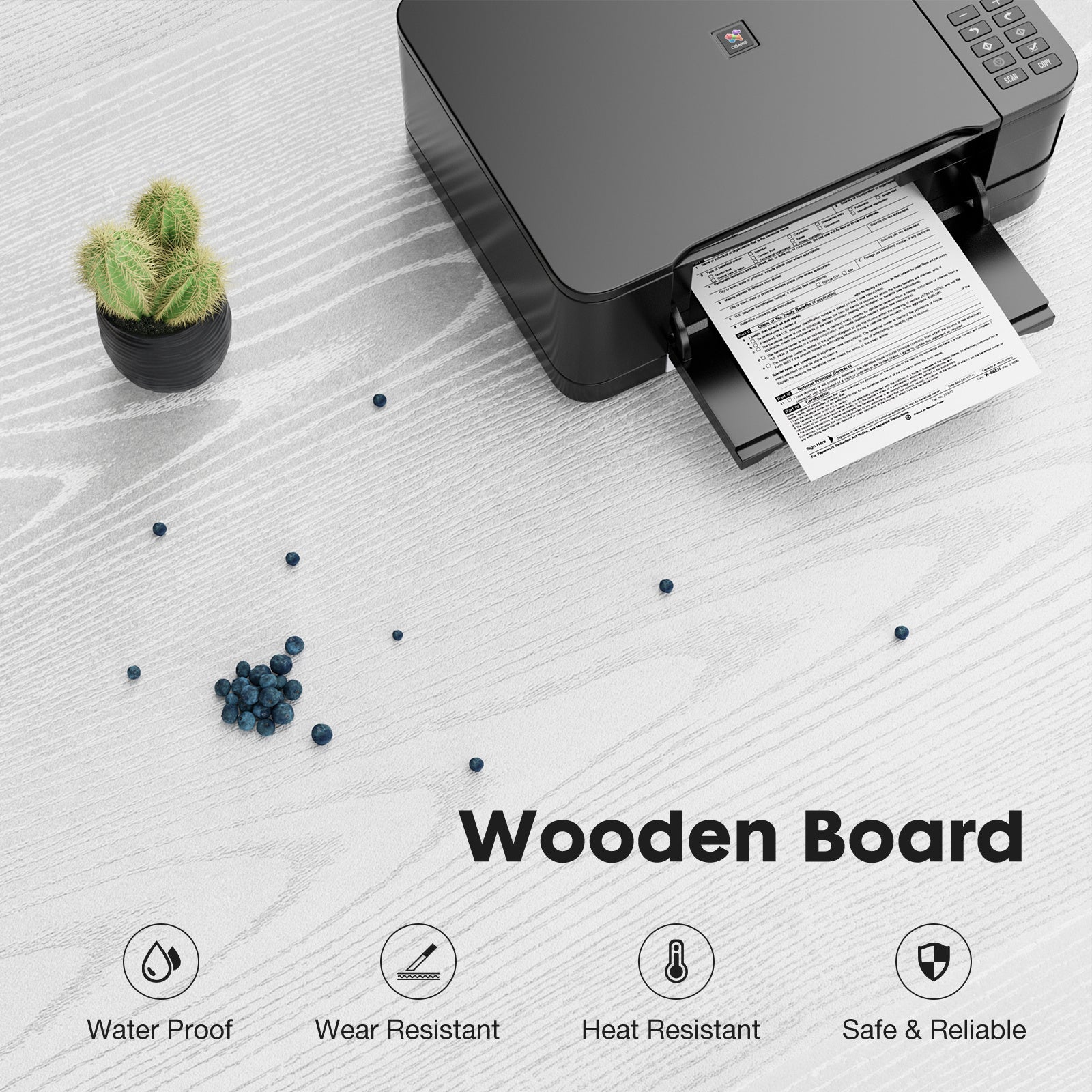 Printer on a wooden board with text highlighting features