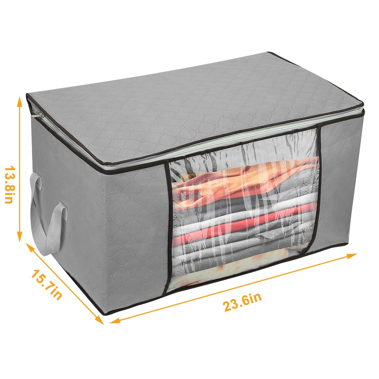 Gray storage bag with a clear window showing folded clothes, with dimensions indicated.