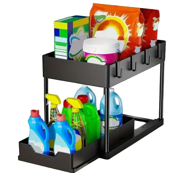 Black under-cabinet organizer with cleaning supplies and household items.