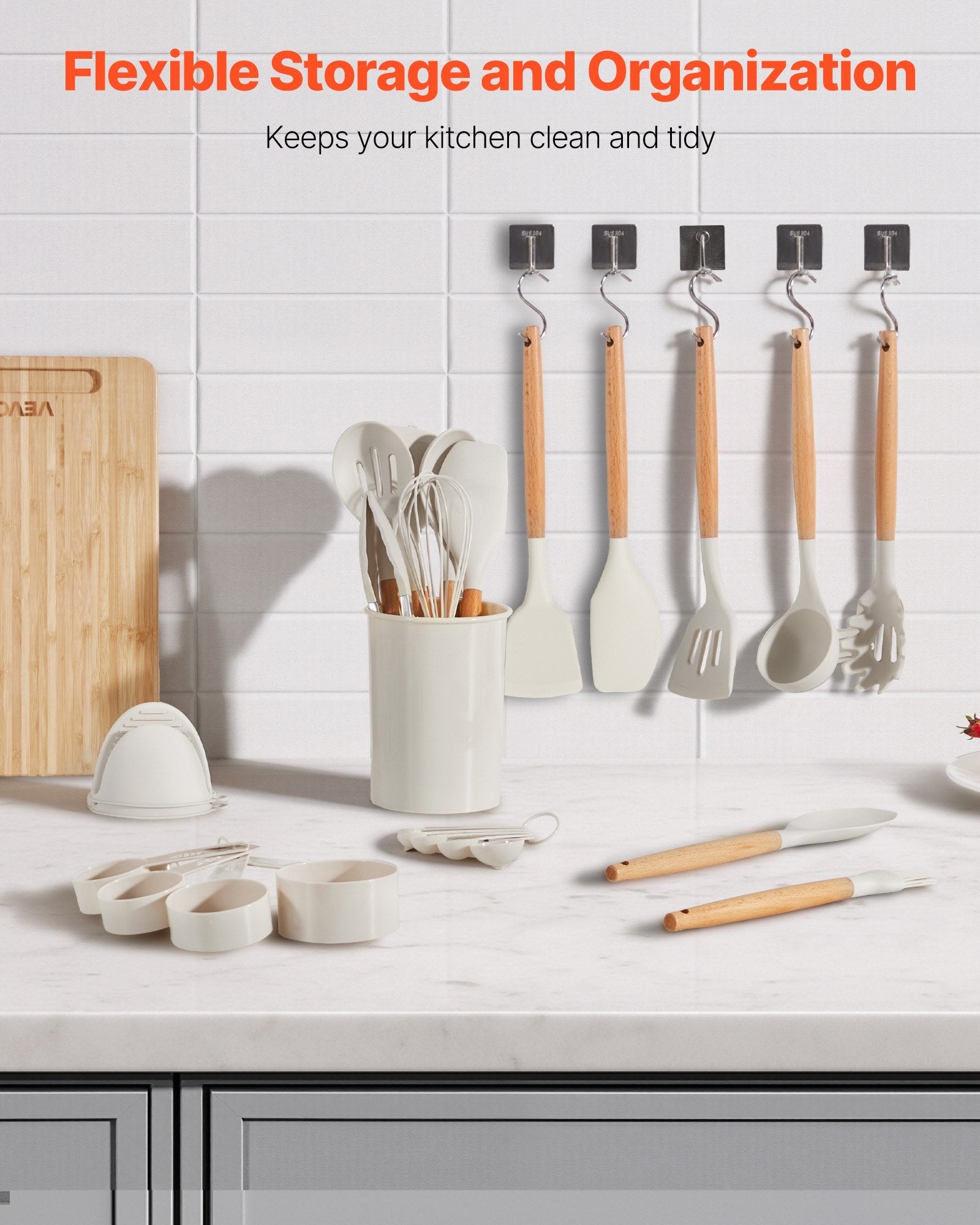 Kitchen utensils and storage solutions on a countertop with text about flexible storage and organization.