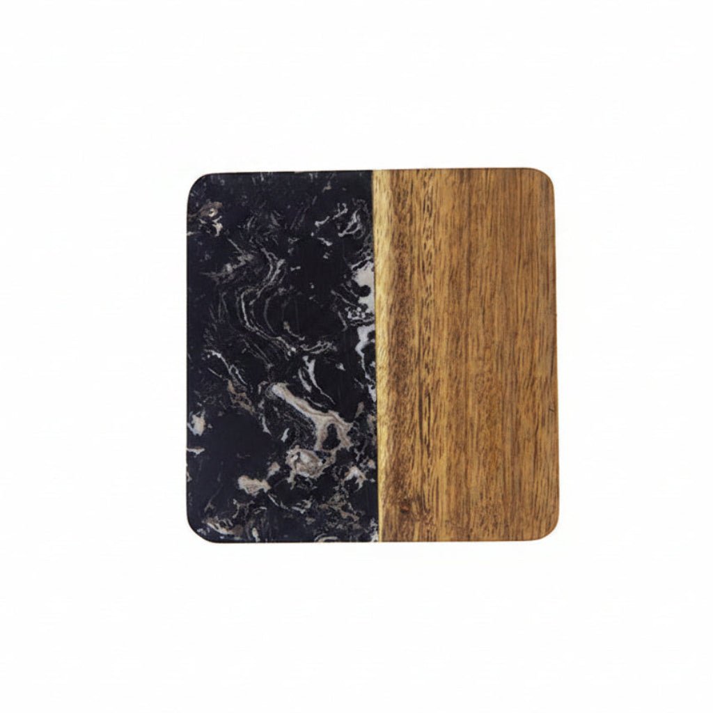 Square cutting board with black marble and wooden surface on a white background