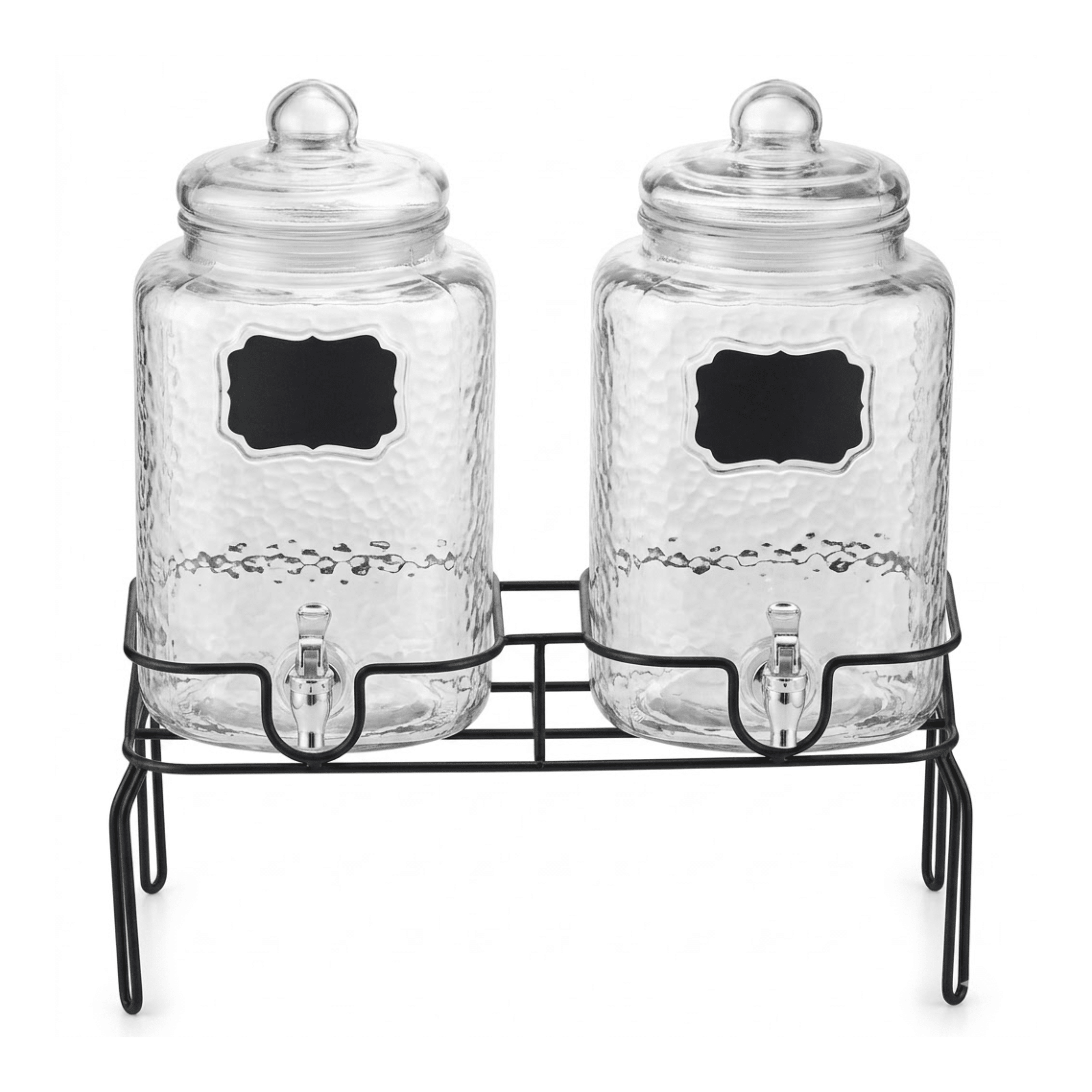 Two glass beverage dispensers with black chalkboard labels on a metal stand.