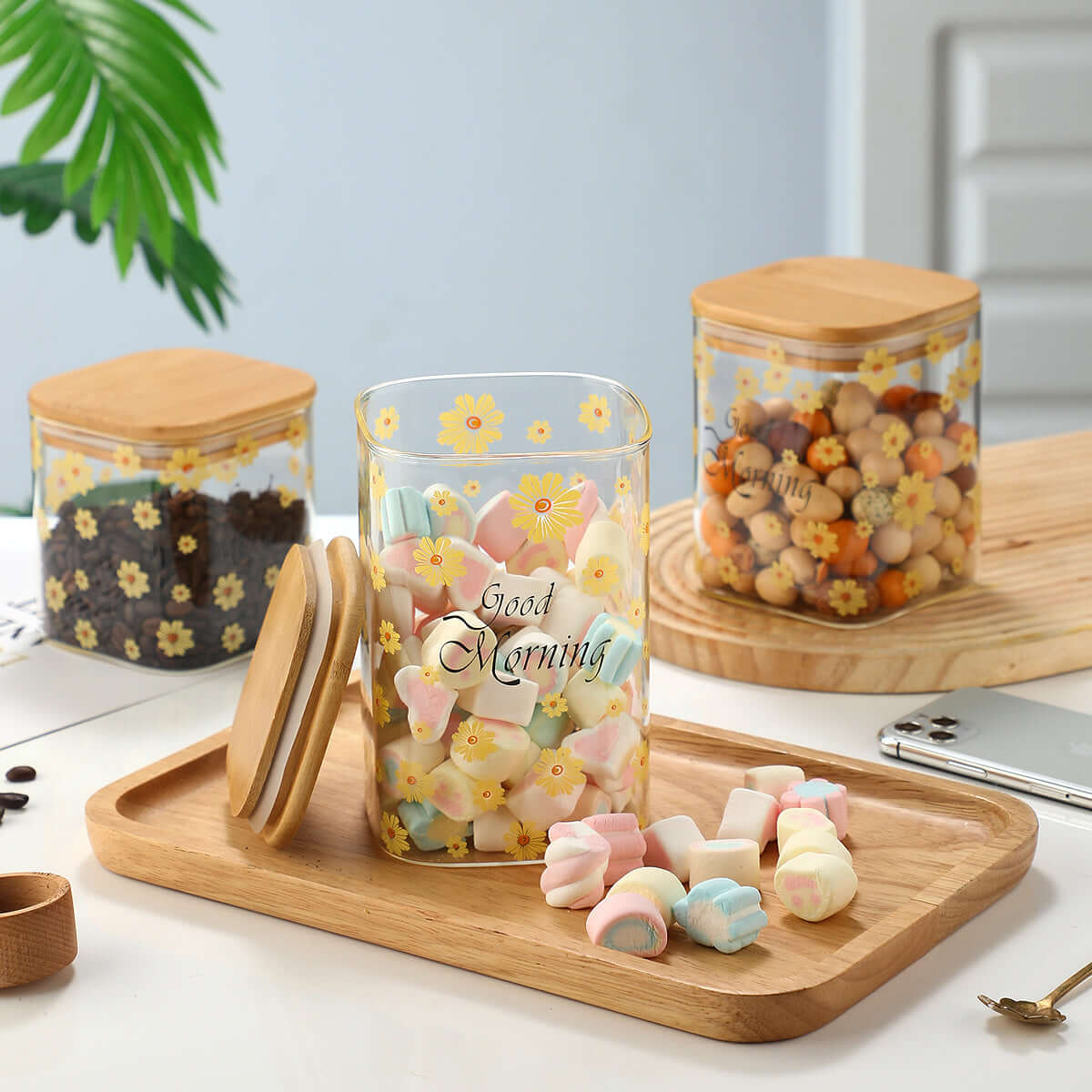 3 Pcs Glass jars with lids Storage Jars Coffee Jars Candy Jar - TableFab