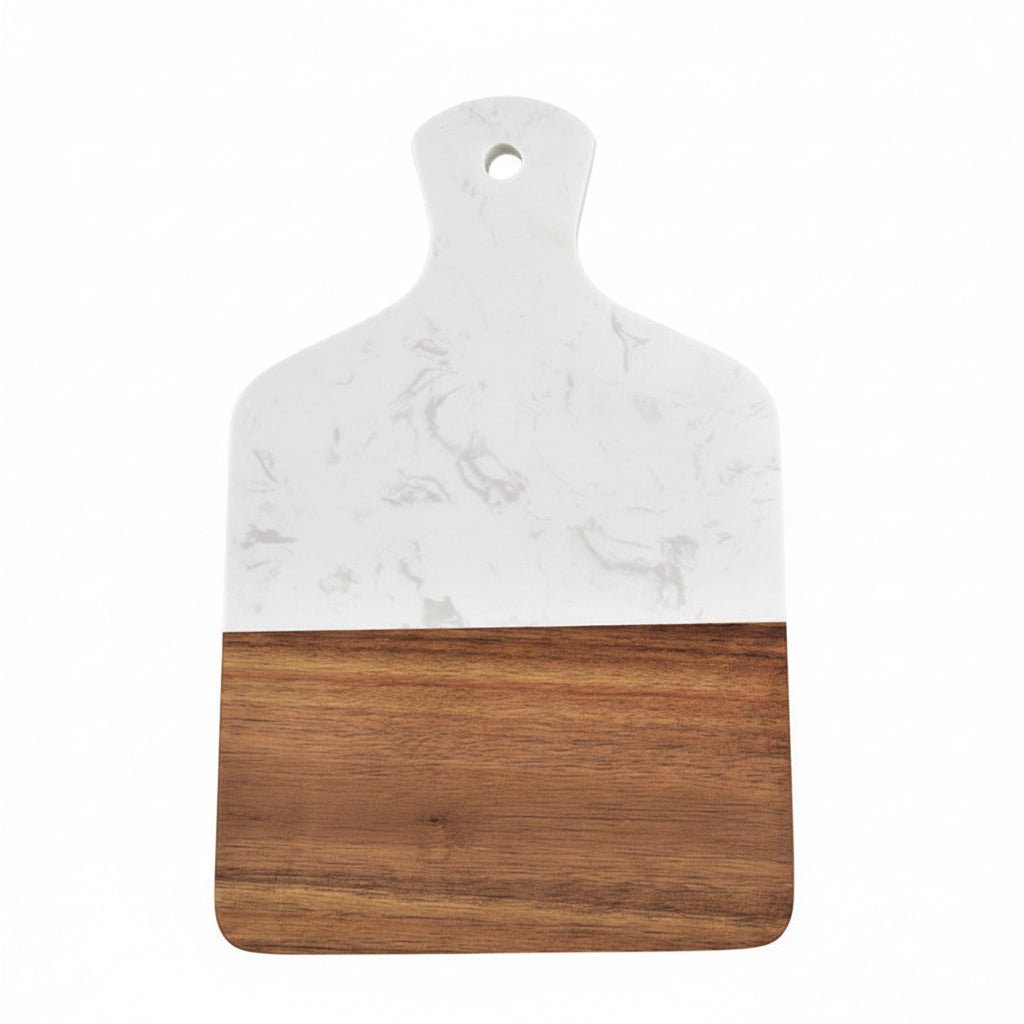 Two marble and wood cutting boards on a white background