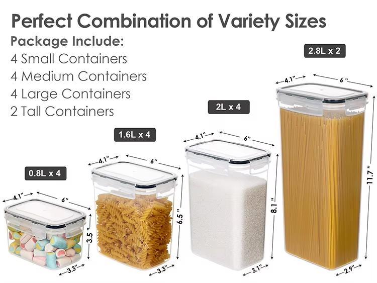 Set of storage containers with sizes and quantities labeled