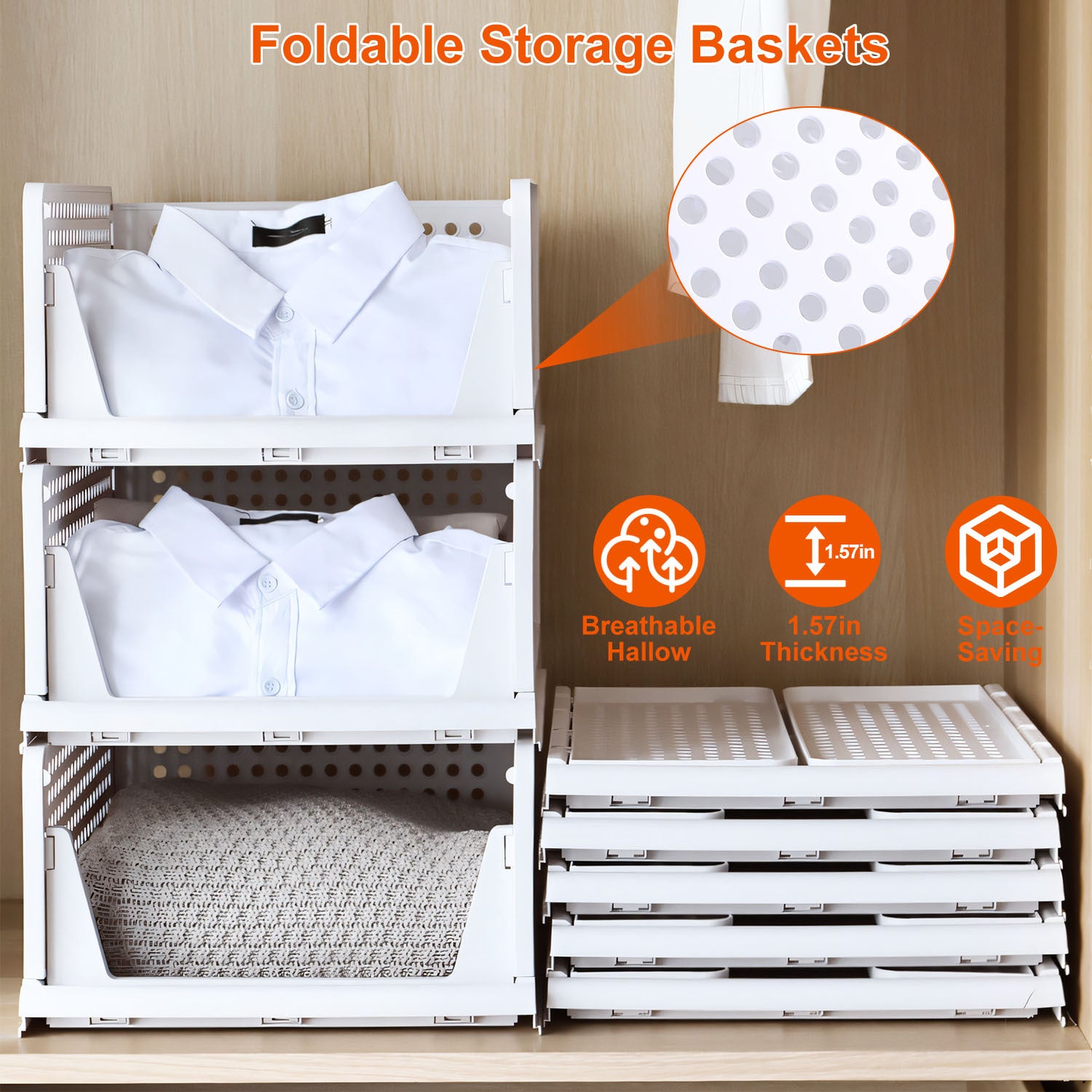 Foldable storage baskets with a stack of folded clothes and text highlighting features.