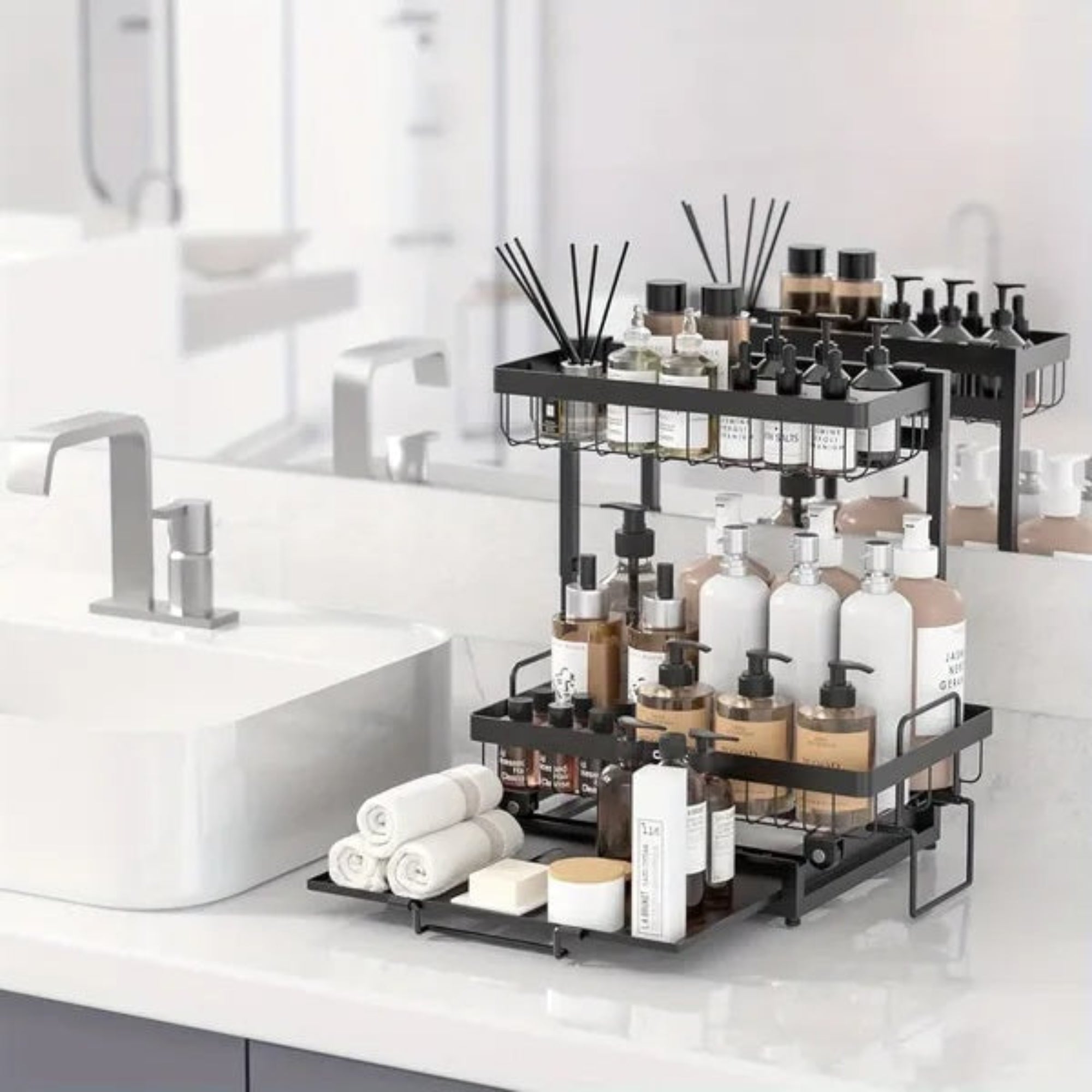 L-shaped Organizer 2 Tier Slide Out Shelf under sink with toiletries and cleaning products in a modern bathroom.