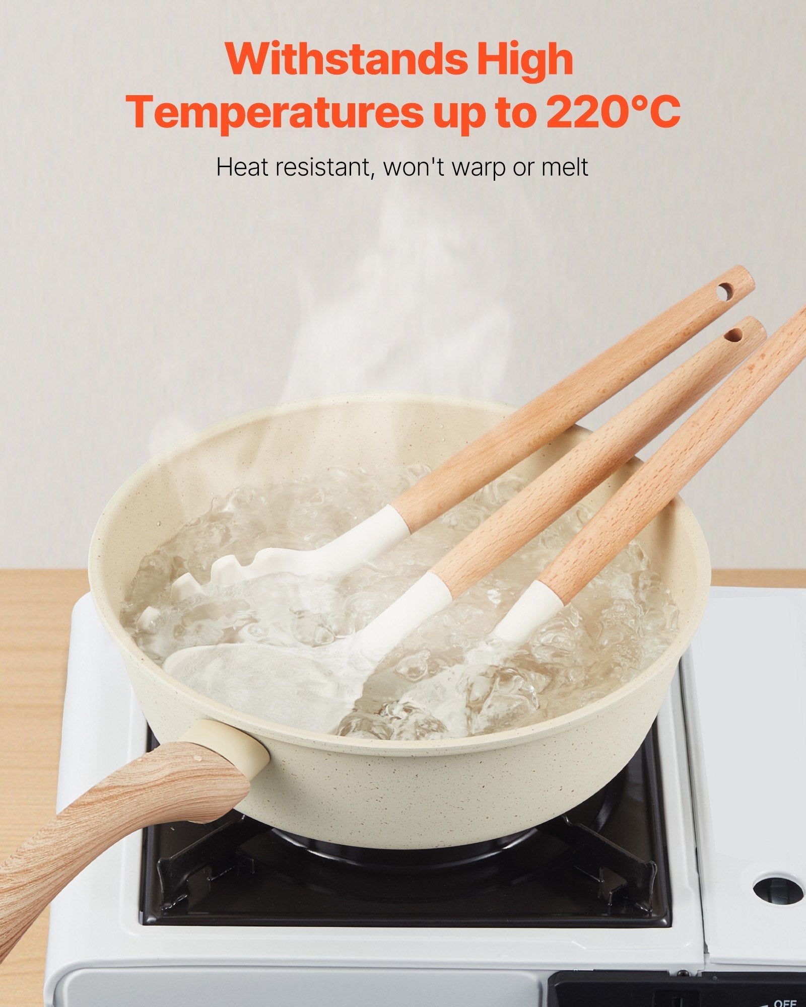 Set of silicone spatulas with wooden handles in a pot on a stove, with text about heat resistance.