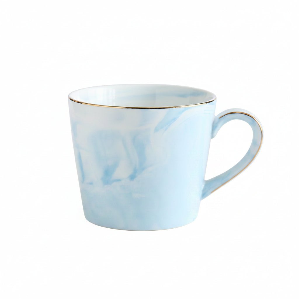 A light blue and white marbled ceramic mug with a gold rim, shown with dimension lines indicating 8cm height, 10cm width, and a 360ml capacity on a white background.